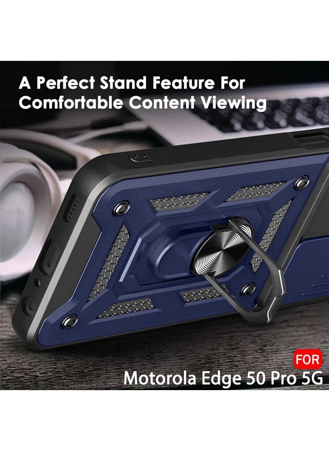 ذا جيفت كارت جراب خلفي من TheGiftKart Tough Armor لهاتف Motorola Moto Edge 50 Pro 5G | غطاء كاميرا منزلق وحامل وحلقة تثبيت | جراب خلفي بحماية 360 درجة لهاتف Motorola Edge 50 Pro 5G (PC & TPU، أزرق)  - Image 5