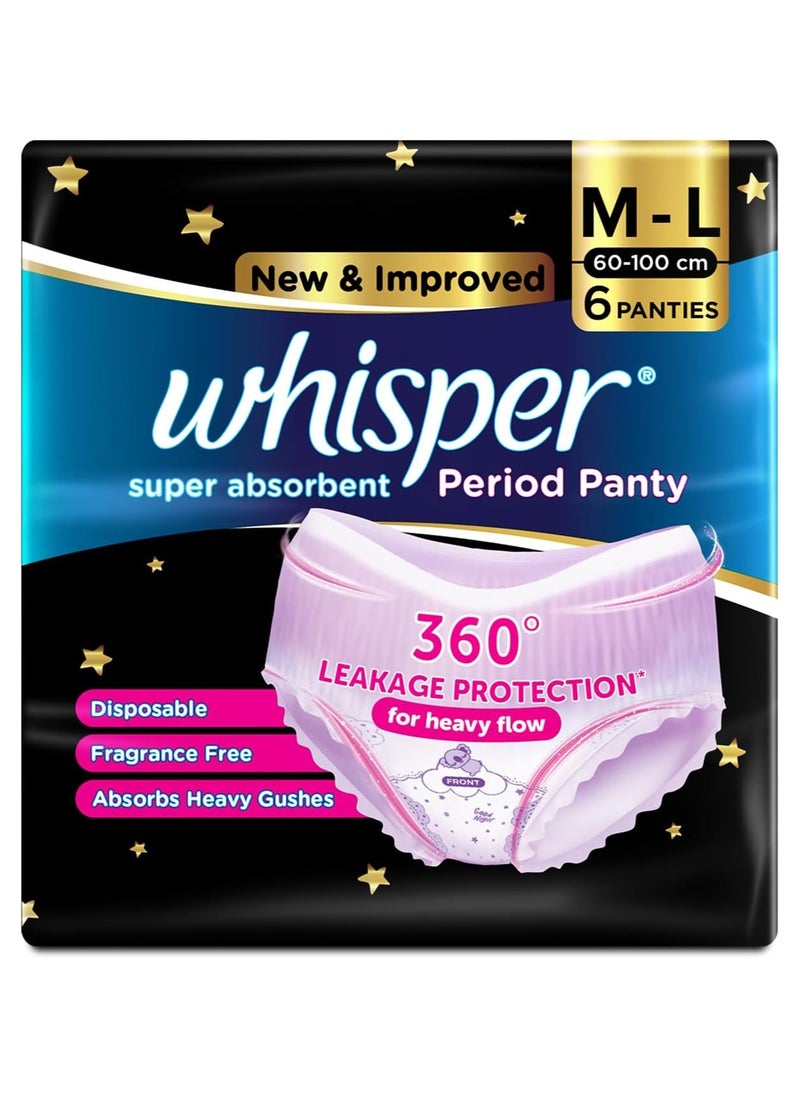 Whisper Super Absorbent Period Panty, 360 Degree Leakage Protection and Comfortable Feel, 6 M-L Pants  - Image 1
