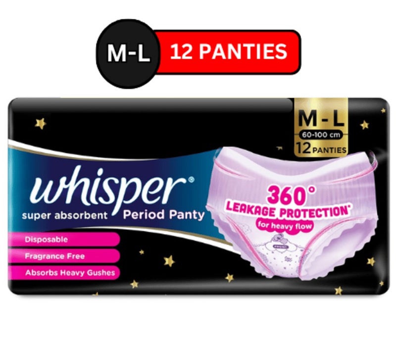 Whisper Super Absorbent Period Panty, 360 Degree Leakage Protection and Comfortable Feel, 12 M-L Pants - Image 1