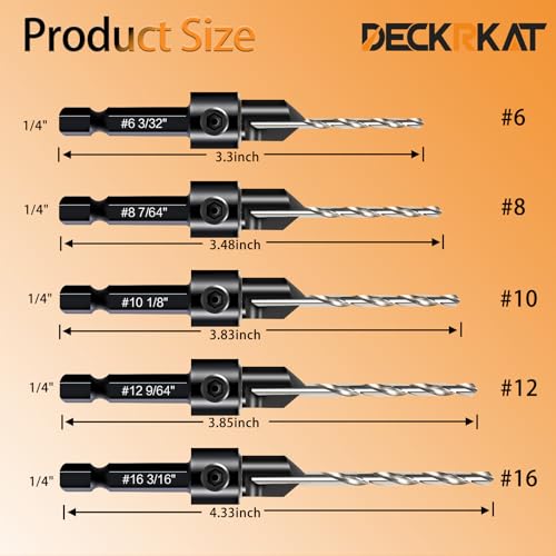 DECKRKAT 12-Piece Countersink Drill Bit Set - 3-in-1 Wood Counterbore Kit for #6#8#10#12#16 Screws | 82° Chamfer, Depth Adjustable | 5 Spare Bits,2 Limit Rings,Hex Key,Case. - Image 2