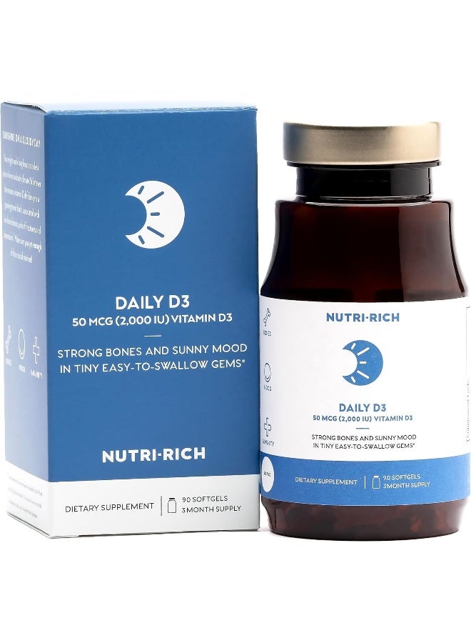 Nutri-Rich مكمل غذائي يومي من فيتامين د3 2,000 وحدة دولية (50 ميكروغرام) لدعم صحة العظام والمناعة، أسنان صحية، وظيفة عضلية صحية، خالي من الجلوتين، خالي من الصويا، فيتامين د 90 كبسولة لينة - Image 1