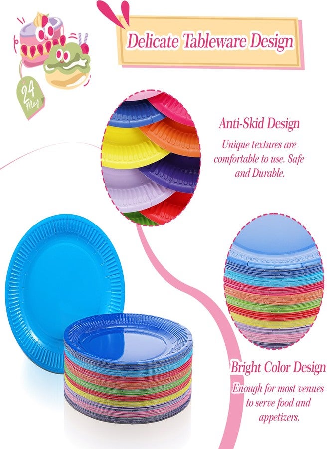 Grevosea 150 Pcs Disposable Paper Plates, 9" Colorful Dessert Plates Dessert Cake Decorations Tray Dinner Plate for Party Birthday Cake Picnic Baby Shower 10 Vibrant Colorful - Image 3