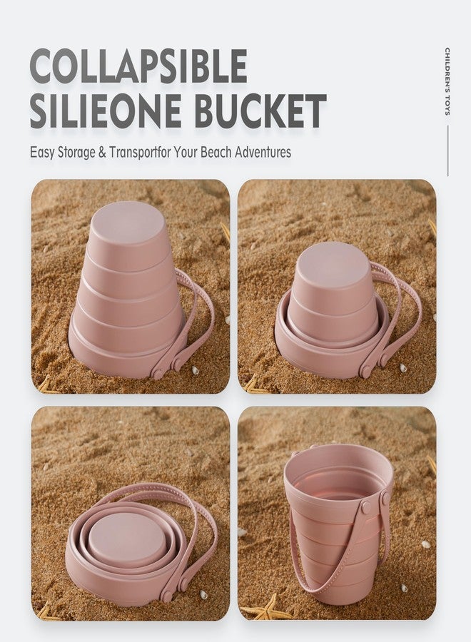 MarcZero 11Pcs Silicone Beach Toys,Collapsible Sand Bucket,Modern Baby Beach Toys,Travel Friendly Beach Set,Silicone Bucket,Shovel,Sand Molds, Beach Bag,Silicone Sand Toys for Toddlers, Kids (Pink) - Image 5
