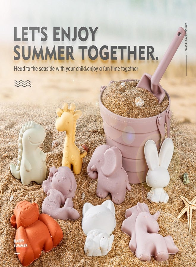 MarcZero 11Pcs Silicone Beach Toys,Collapsible Sand Bucket,Modern Baby Beach Toys,Travel Friendly Beach Set,Silicone Bucket,Shovel,Sand Molds, Beach Bag,Silicone Sand Toys for Toddlers, Kids (Pink) - Image 2