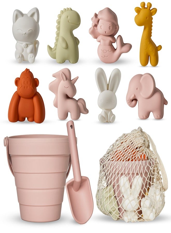 MarcZero 11Pcs Silicone Beach Toys,Collapsible Sand Bucket,Modern Baby Beach Toys,Travel Friendly Beach Set,Silicone Bucket,Shovel,Sand Molds, Beach Bag,Silicone Sand Toys for Toddlers, Kids (Pink) - Image 1