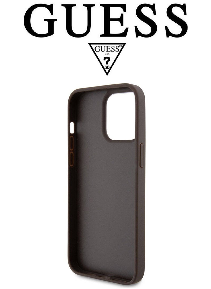 IPhone 15 Pro Max cover case with a strap, iphone 15 pro max back cover with french design, iphone 15 pro max case with a logo and a leather design approved by the global brand Guess. From CG-MOBILE. In Brown