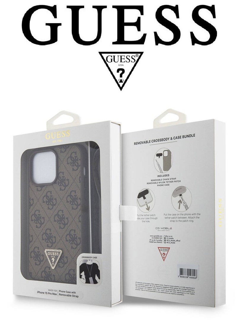 IPhone 15 Pro Max cover case with a strap, iphone 15 pro max back cover with french design, iphone 15 pro max case with a logo and a leather design approved by the global brand Guess. From CG-MOBILE. In Brown