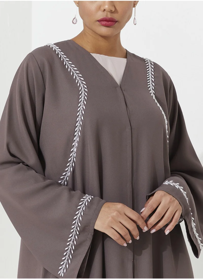 Rosette Abaya Embellished Pearl Embroidery On the shoulder And sleeves
