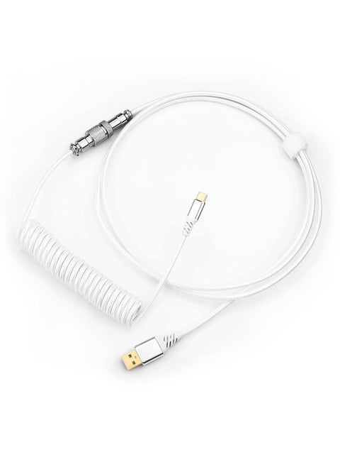 A115W Coiled USB-C Keyboard Cable, Custom Type-C Mechanical Gaming Keyboard Cable, Detachable Aviator Connector Double-Sleeved Cable - 5.28ft, White