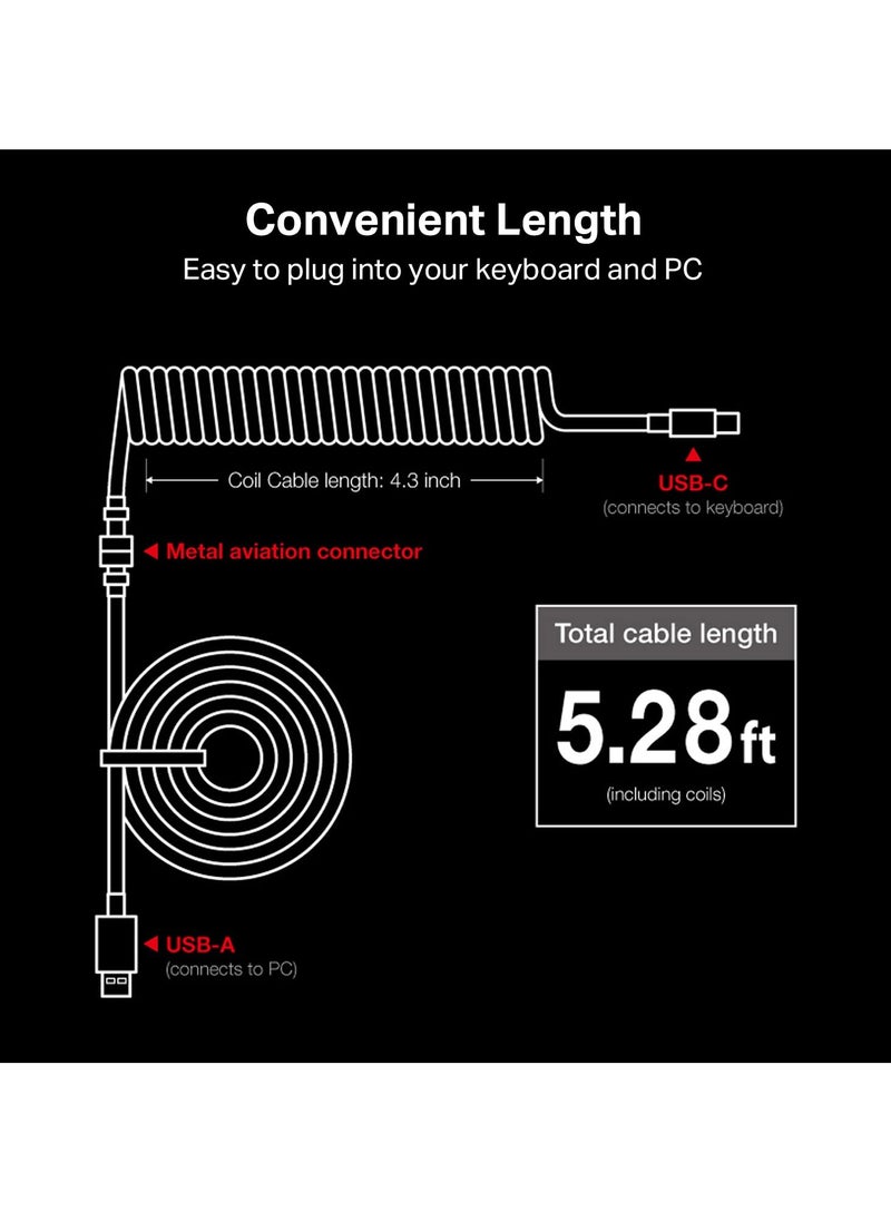 REDRAGON - A115W Coiled USB-C Keyboard Cable, Custom Type-C Mechanical Gaming Keyboard Cable, Detachable Aviator Connector Double-Sleeved Cable - 5.28ft, White - Image 1