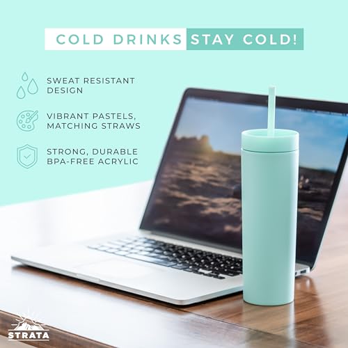 STRATA CUPS Multicolor Skinny Tumblers with Lids and Straws (12 pack) - 16oz Double Wall Acrylic Tumbler, Tall Matte Skinny Tumblers, Bulk with Free Straw Cleaner, Reusable Cups - Image 2
