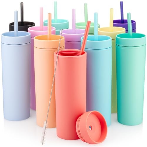 STRATA CUPS Multicolor Skinny Tumblers with Lids and Straws (12 pack) - 16oz Double Wall Acrylic Tumbler, Tall Matte Skinny Tumblers, Bulk with Free Straw Cleaner, Reusable Cups - Image 1