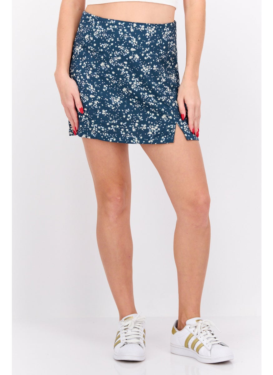 rvca Women Floral Print Mini Skirts, Teal Green  - Image 1