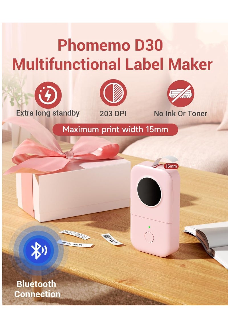 فوميمو طابعة ملصقات D30 - صانع ملصقات حراري صغير محمول يعمل بالبلوتوث سهل الاستخدام للتنظيم والمنزل والمكتب يتضمن لفة واحدة من الورق الحراري D30، اللون بينك - Image 4