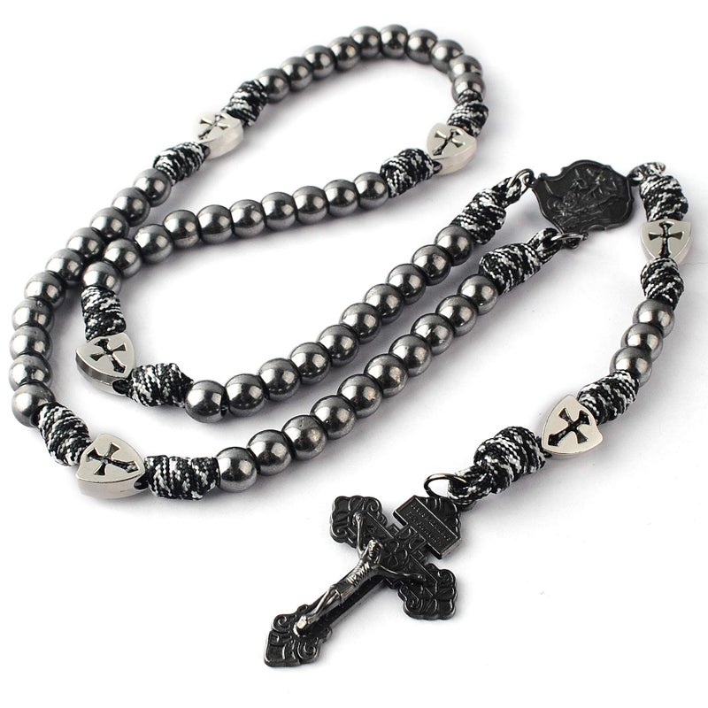 HanlinCC Large and Heavy Gun Black Metal Beads Rugged Durable Paracord Rosary Necklace with St.Michael Center Piece and Pardon Crucifix for Men (Gun Black St.Michael Paracord Rosary) - Image 5