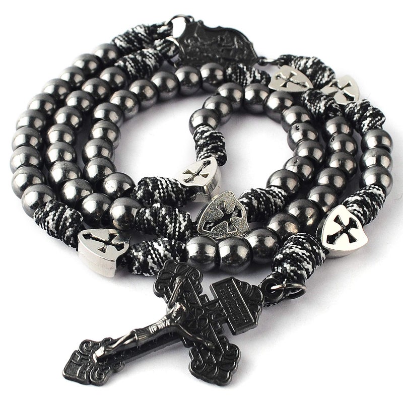 HanlinCC Large and Heavy Gun Black Metal Beads Rugged Durable Paracord Rosary Necklace with St.Michael Center Piece and Pardon Crucifix for Men (Gun Black St.Michael Paracord Rosary) - Image 4