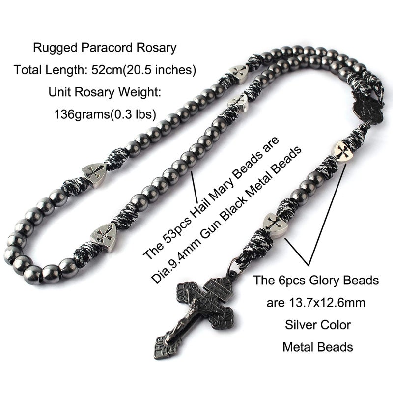 HanlinCC Large and Heavy Gun Black Metal Beads Rugged Durable Paracord Rosary Necklace with St.Michael Center Piece and Pardon Crucifix for Men (Gun Black St.Michael Paracord Rosary) - Image 2