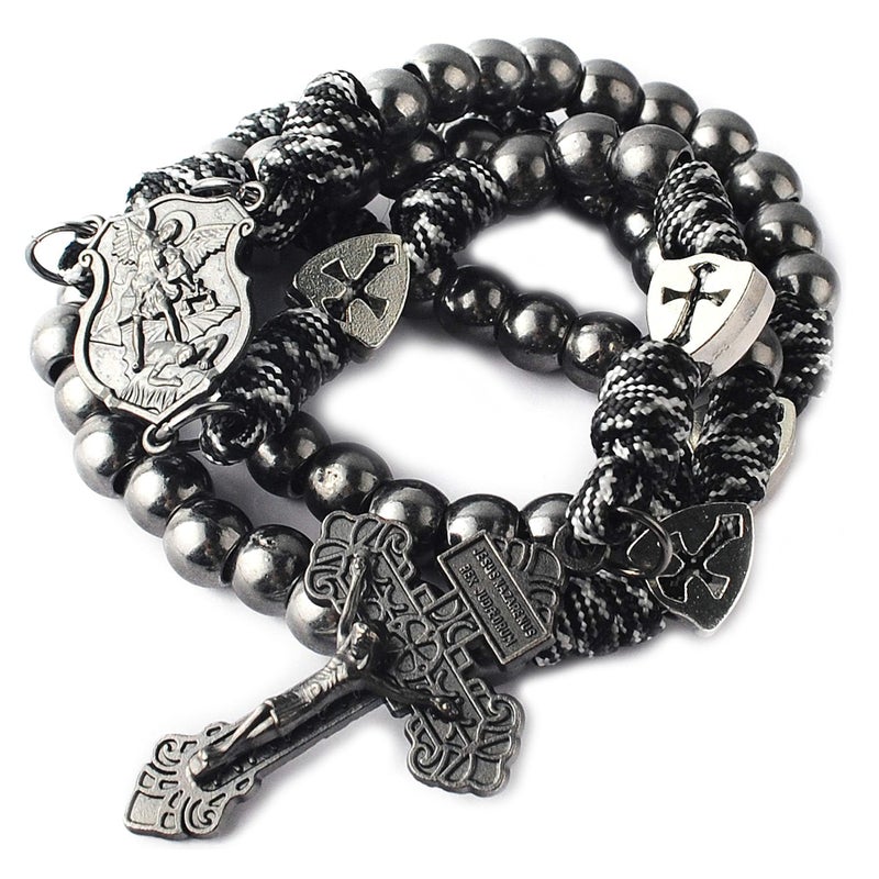 HanlinCC Large and Heavy Gun Black Metal Beads Rugged Durable Paracord Rosary Necklace with St.Michael Center Piece and Pardon Crucifix for Men (Gun Black St.Michael Paracord Rosary) - Image 1