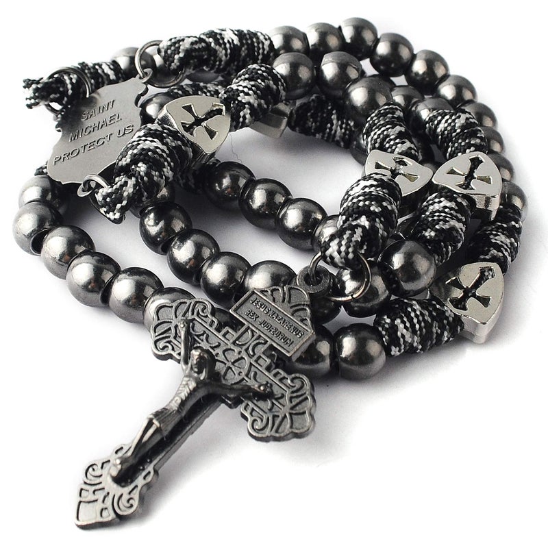 HanlinCC Large and Heavy Gun Black Metal Beads Rugged Durable Paracord Rosary Necklace with St.Michael Center Piece and Pardon Crucifix for Men (Gun Black St.Michael Paracord Rosary) - Image 3