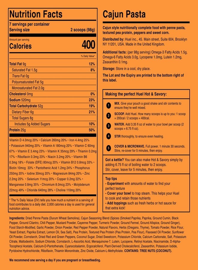 Huel Hot and Savory Instant Meal Replacement - Cajun Pasta - 14 Scoops Packed with 100% Nutritionally Complete Food, Including 25g of Protein, 6g of Fiber, and 27 Vitamins and Minerals - Image 3