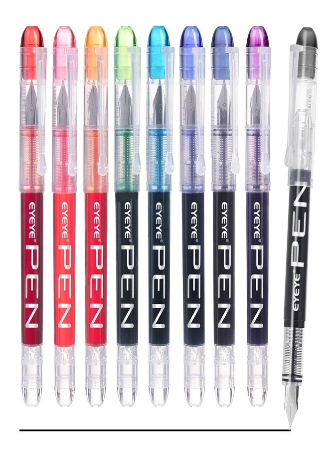 EYEYE Fountain Pens for Writing, 9 Pack Assorted Colors Disposable Fountain Pens Stainless Steel Nib, Clear Barrel, Fine Point Smooth Writing for Calligraphy, Journaling, Office & School Supplies - Image 1