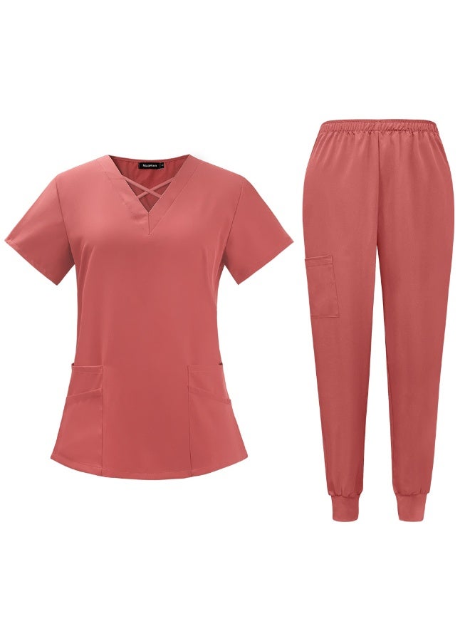 NIBEMINENT Medical Scrubs Surgical Uniforms Women Fashionable V-neck Short Sleeved Top Pants Sets Hospital Doctor Clinic Nurse Work Uniform - Image 1