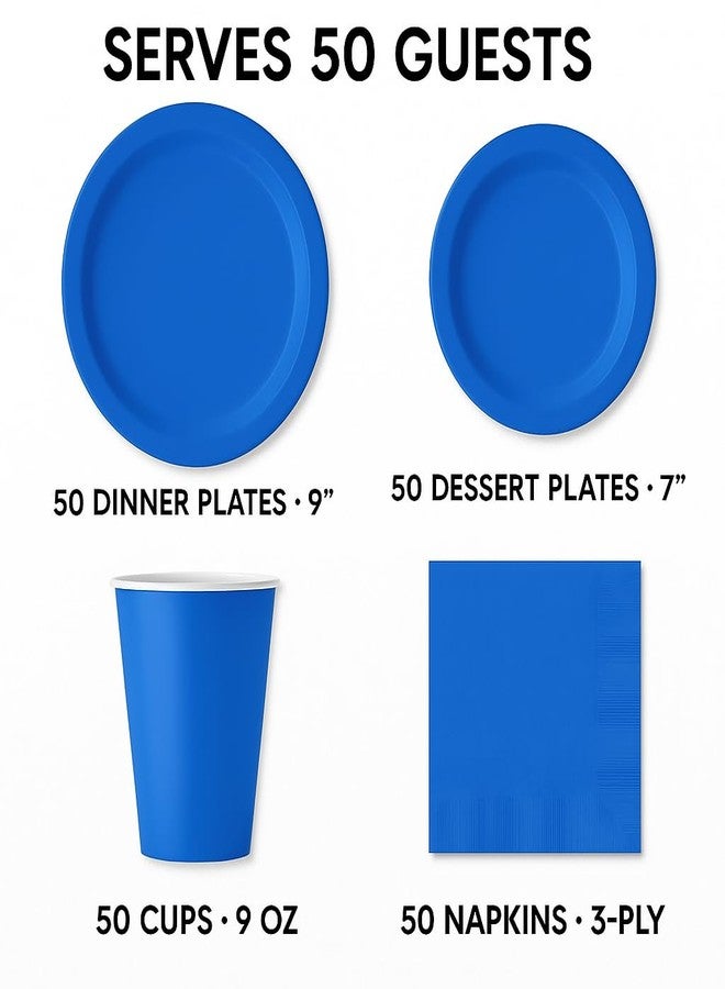 Oojami مجموعة أدوات المائدة القابلة للتصرف من أوجامي باللون الأزرق 200 قطعة - تكفي لـ 50 ضيفًا - أطباق 9 بوصات و 7 بوصات، أكواب، مناديل - مثالية للحفلات، أعياد الميلاد، الفعالياتcorporate والاحتفالات - Image 2