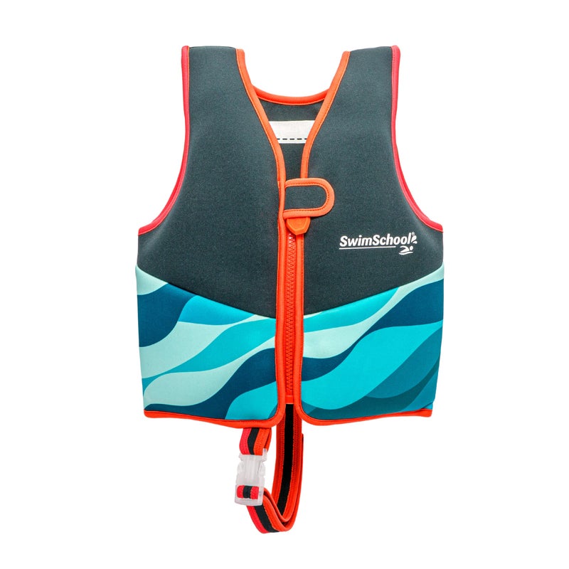 SwimSchool New SWIMSCHOOL Neoprene Premium Swim Trainer Vest – Small/Medium Up to 33 Lbs. – Easy On & Off Kids Swim Vest and Adjustable Safety Strap – Blue/Black/Green Wave - Image 1