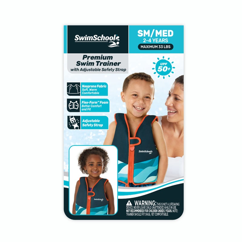 SwimSchool New SWIMSCHOOL Neoprene Premium Swim Trainer Vest – Small/Medium Up to 33 Lbs. – Easy On & Off Kids Swim Vest and Adjustable Safety Strap – Blue/Black/Green Wave - Image 2