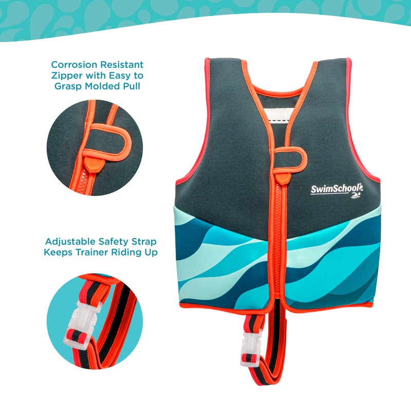 SwimSchool New SWIMSCHOOL Neoprene Premium Swim Trainer Vest – Small/Medium Up to 33 Lbs. – Easy On & Off Kids Swim Vest and Adjustable Safety Strap – Blue/Black/Green Wave - Image 3