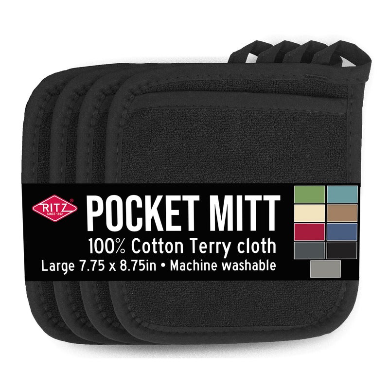 RITZ Terry Pocket Mitt & Hot Pad: Unparalleled Heat Resistant, Durable 100% Cotton â€“ Ergonomically Designed for Optimal Grip â€“ Easy-Care Machine Washable â€“ 4-Pack, Black - Image 1