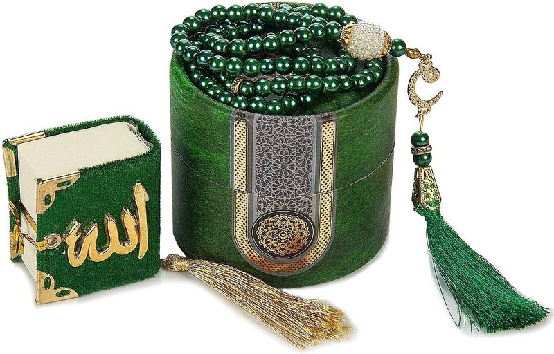 Mini Cylinder Boxed Mevlit Gift Set Green (Mini Quran + Pearl Prayer Beads 99)