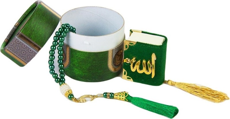 Mini Cylinder Boxed Mevlit Gift Set Green (Mini Quran + Pearl Prayer Beads 99)