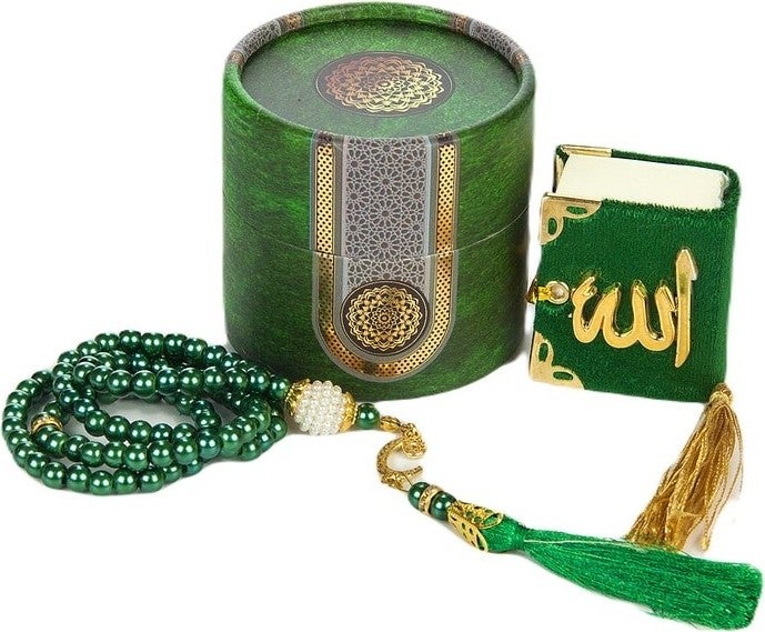 Mini Cylinder Boxed Mevlit Gift Set Green (Mini Quran + Pearl Prayer Beads 99)