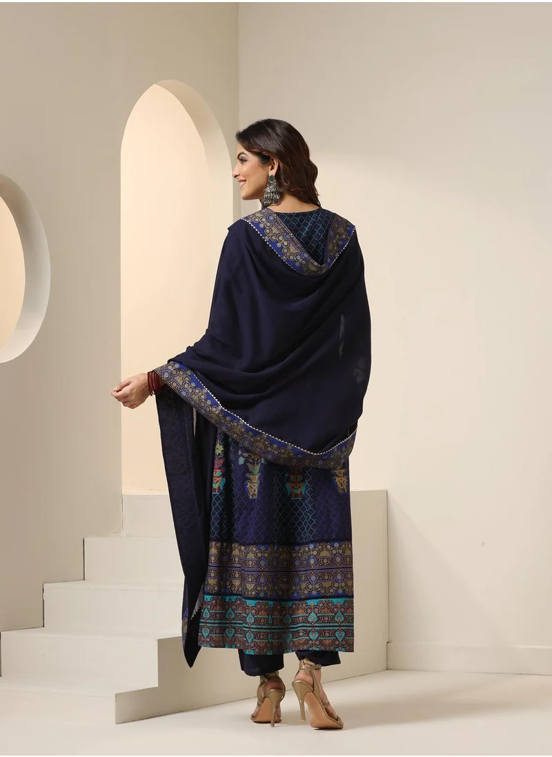 ISHIN Women's Blue 100% Cotton Embellished Tunic Full Length Casual Straight Fit Kurta Set