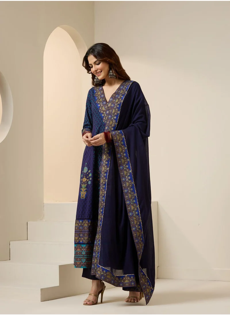 ISHIN Women's Blue 100% Cotton Embellished Tunic Full Length Casual Straight Fit Kurta Set