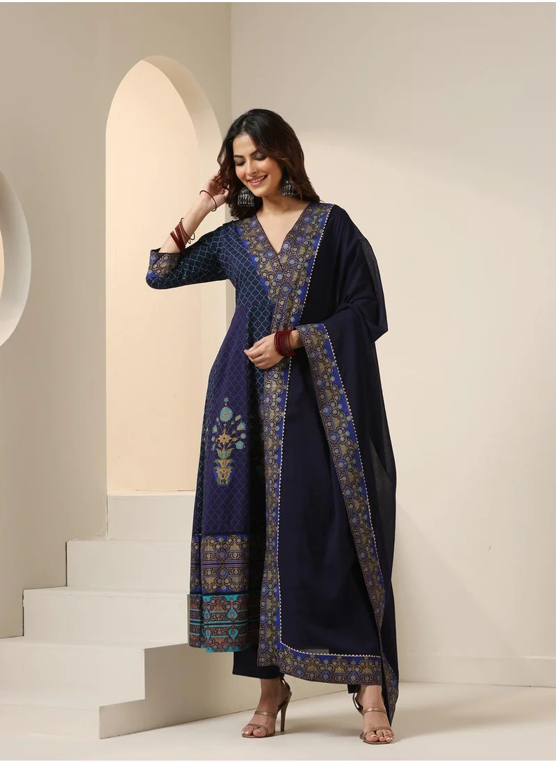 ISHIN Women's Blue 100% Cotton Embellished Tunic Full Length Casual Straight Fit Kurta Set