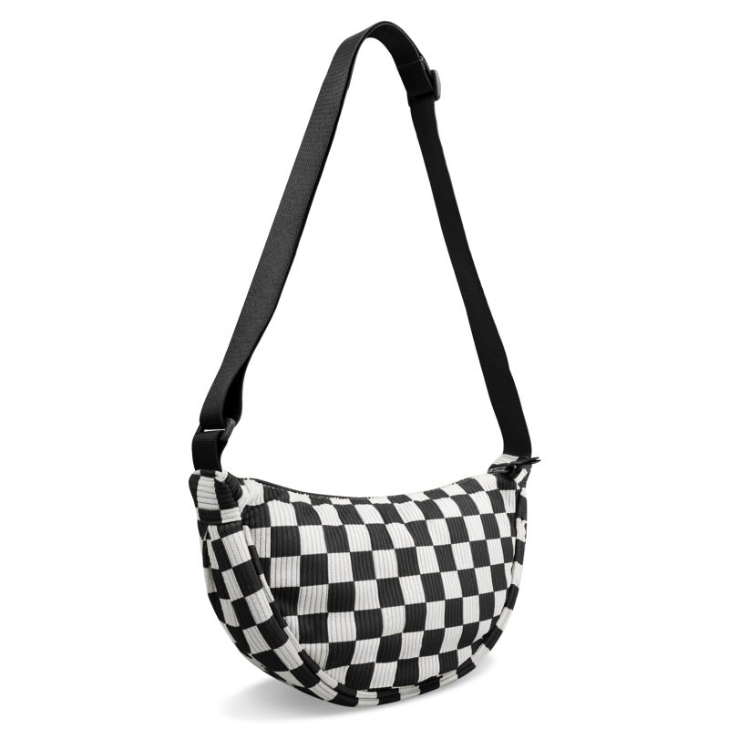 EVGLOW Corduroy Crescent Crossbody Bag for Women Checkered Purses Trendy Men,Small Hobo Sling bag Half Moon Checkered Shoulder Bag,Round Lightweight Waist Fanny Pack with Zip for Travel Daily Use(Black) - Image 1