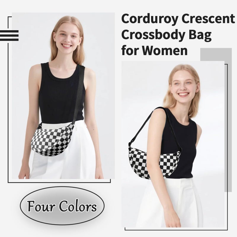 EVGLOW Corduroy Crescent Crossbody Bag for Women Checkered Purses Trendy Men,Small Hobo Sling bag Half Moon Checkered Shoulder Bag,Round Lightweight Waist Fanny Pack with Zip for Travel Daily Use(Black) - Image 5