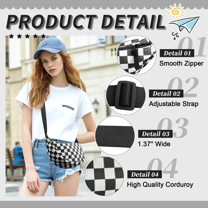 EVGLOW Corduroy Crescent Crossbody Bag for Women Checkered Purses Trendy Men,Small Hobo Sling bag Half Moon Checkered Shoulder Bag,Round Lightweight Waist Fanny Pack with Zip for Travel Daily Use(Black) - Image 4