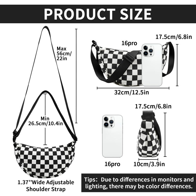 EVGLOW Corduroy Crescent Crossbody Bag for Women Checkered Purses Trendy Men,Small Hobo Sling bag Half Moon Checkered Shoulder Bag,Round Lightweight Waist Fanny Pack with Zip for Travel Daily Use(Black) - Image 3