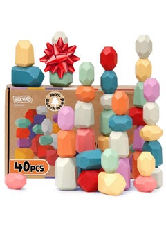 BUNMO Wooden Stacking Rocks 40Pcs - Montessori Toys For 1 + Year Old - Stimulating Creative & Imaginative Play - One Year Old Baby Blocks Toy - Toys For 1 + 2 3 Year Old Boy Or Girl Toys Gifts  - Image 1