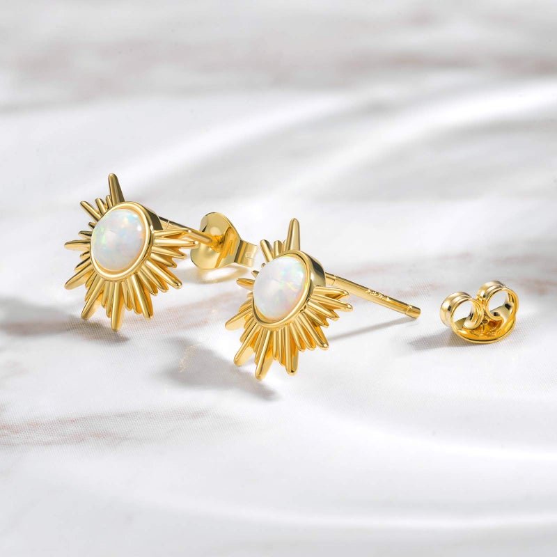 AllenCOCO White Opal Adorned Sunburst Stud Earrings 925 Solid Sterling Silver Post 14k Gold Plated Jewelry for Women - Image 2