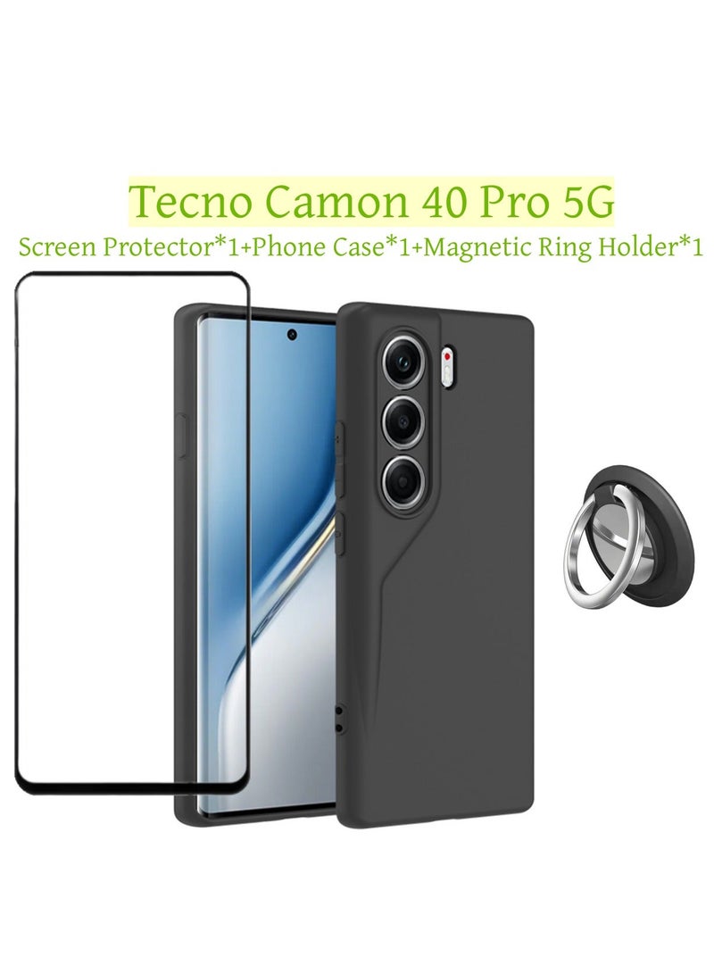 Fankalo 【1+1+1 Sets】for Tecno Camon 40 Pro 5G Case & Screen Protector & Magnetic Ring Holder Frosted Pudding Material TPU Cover with Tempered Glass Screen Protector,Ring Holder Suitable for Car Magnetic Attraction - Image 1