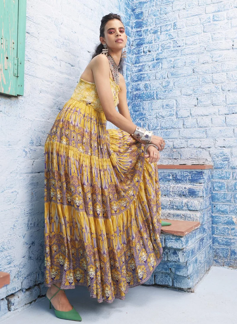 Bhanuni By Jyoti  MACOROON YELLOW & MAUVE PURPLE MAXI DRESS for Women | Best Price UAE