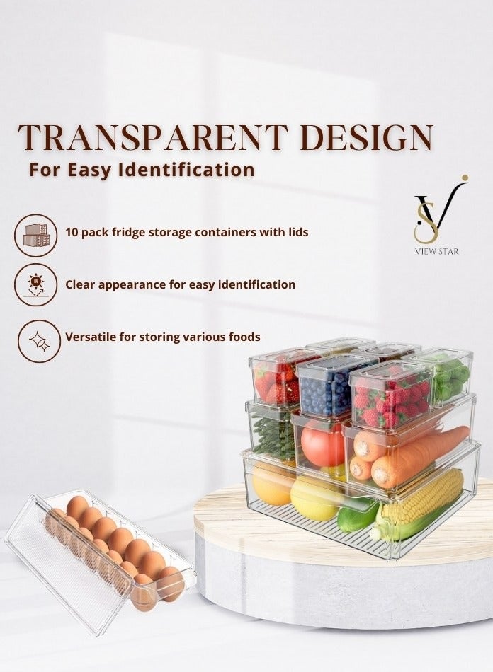 فيوستار جموعة منظم ثلاجة Viewstar 11 قطعة قابلة للتكديس خالية من مادة BPA مع أغطية - حاويات تخزين الطعام الشفافة مع تصميم صينية التنقيط، مادة PET متينة للثلاجة والفريزر والمطبخ وغرفة المؤن - Image 4