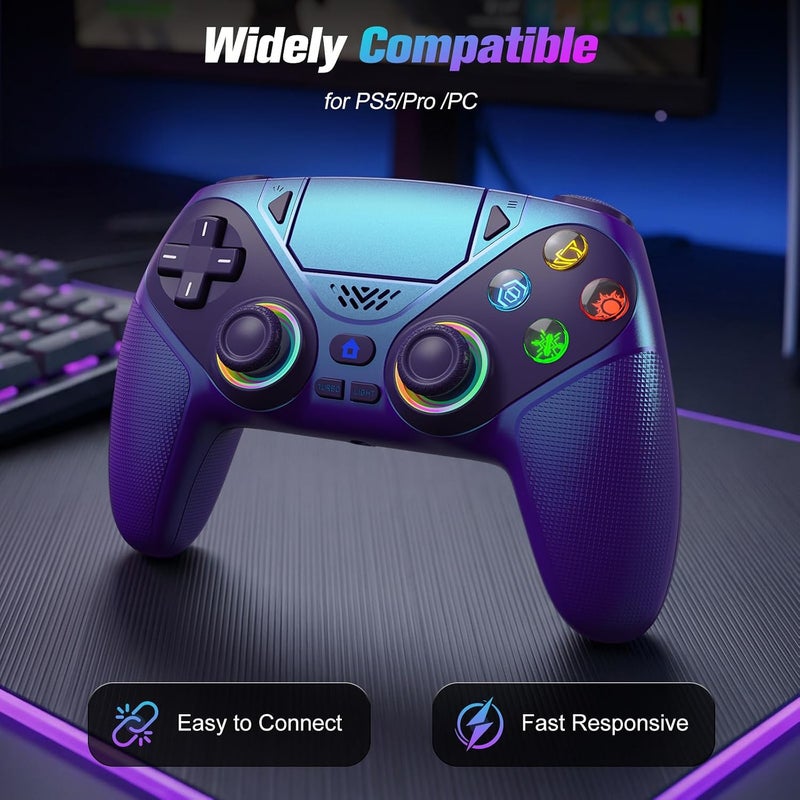 Gamrombo جهاز تحكم لاسلكي Gamrombo LED لـ PS5، اهتزاز مزدوج، وظيفة ماكرو/توربو متوافق مع PS5 Pro/Slim/PC، مقبس صوت 3.5 مم، عصا تحكم بستة محاور مع مكبر صوت (أزرق معدني) - Image 2