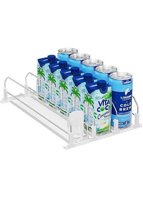 Soda Can Organizer for Fridge Refrigerator, Spring Loaded Self-Pushing Automatic Glide Adjustable Drink Beverage Rack Bottle Dispenser Storage (White, 14.9"D — 3 Rows)