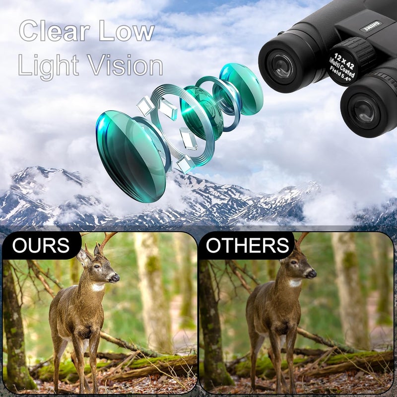 GHIME 12x42 Ultra HD Binoculars for Long Distance with Phone Adapter | Large View, 2000 Meter Range, Bright BAK4 Prism FMC Lens | Waterproof, Bird Watching, Safari, Trekking, 6 Month Warranty - Image 4