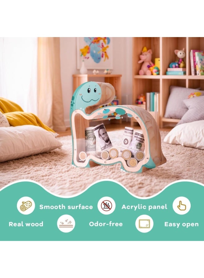Bukela Wooden Dinosaur Piggy Bank for Kids, Unbreakable Brachiosaurus Money Coin Bank, DIY Personalizable Dino Kids Safe Money Box with Stickers, Toddler Birthday, for Boys, Girls - Image 2